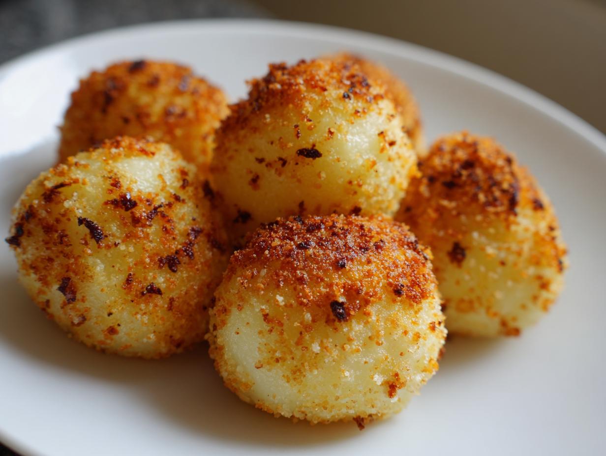 Close-up of several golden brown potato dumplings coated in toasted breadcrumbs on a white plate.