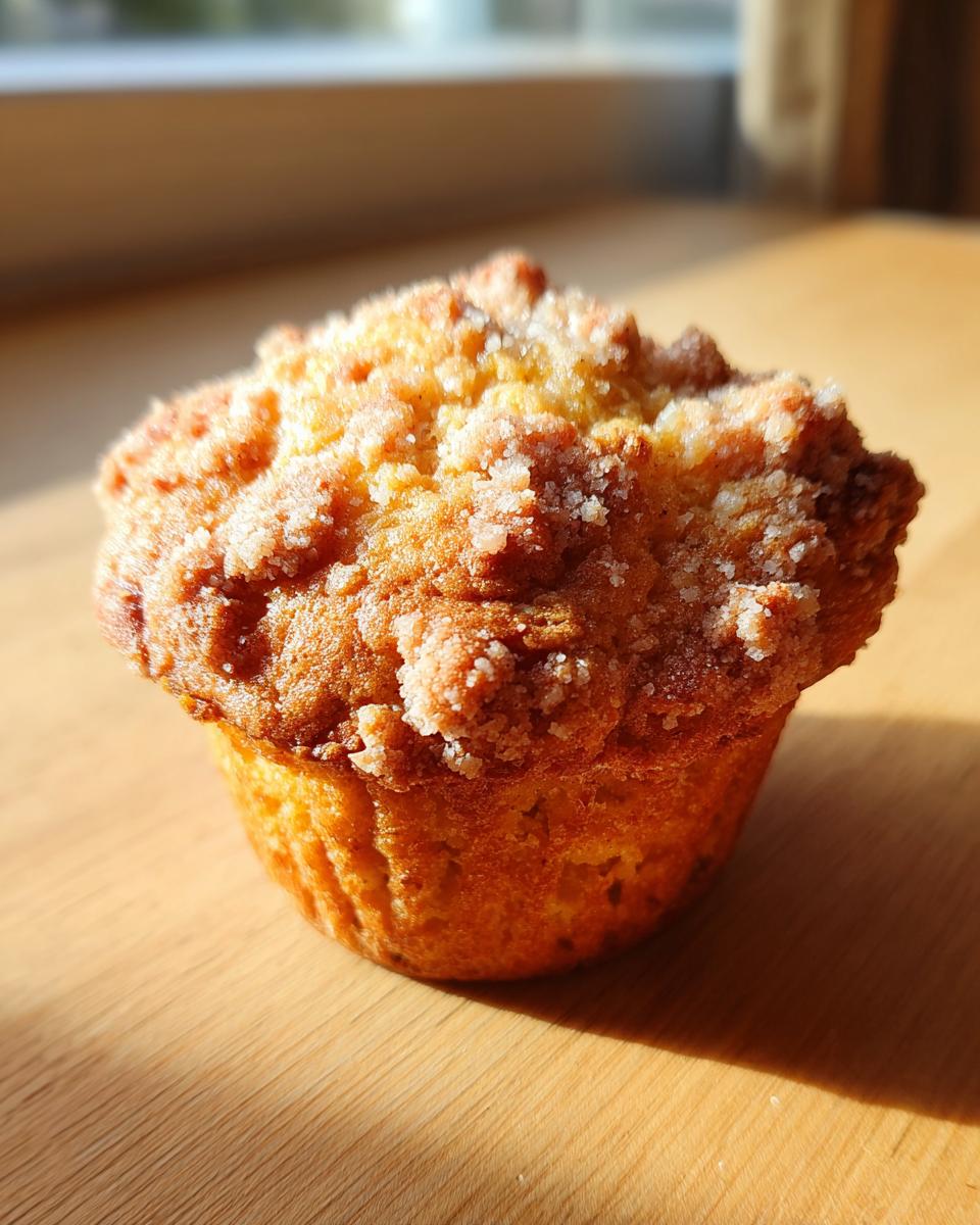 Close-up of a freshly baked sweet potato muffin with a sugary, golden-brown crumb topping sitting on a wooden surface.