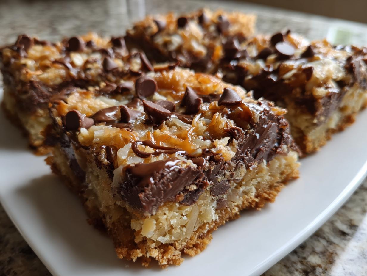Close-up of gooey magic cookie bars topped with chocolate chips, coconut, and caramel drizzle.
