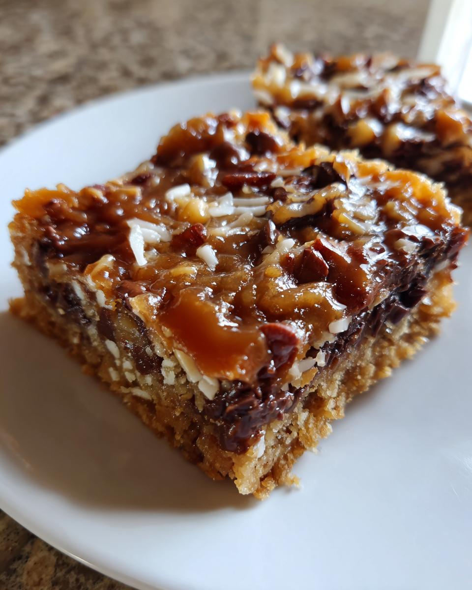 Close-up of a rich, gooey magic cookie bars square showing the graham cracker crust, chocolate, nuts, and coconut topping.