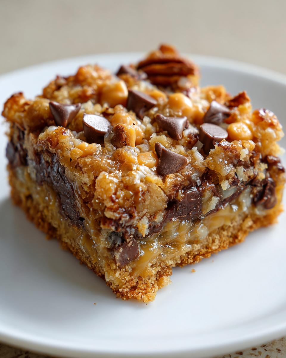 Close-up of a rich, gooey slice of magic cookie bars showing chocolate chips, nuts, and a thick crust.