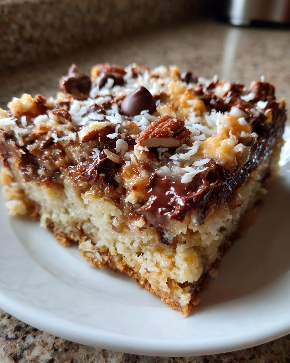 Close-up of a single, gooey slice of magic cookie bars topped with chocolate chips, pecans, and coconut.