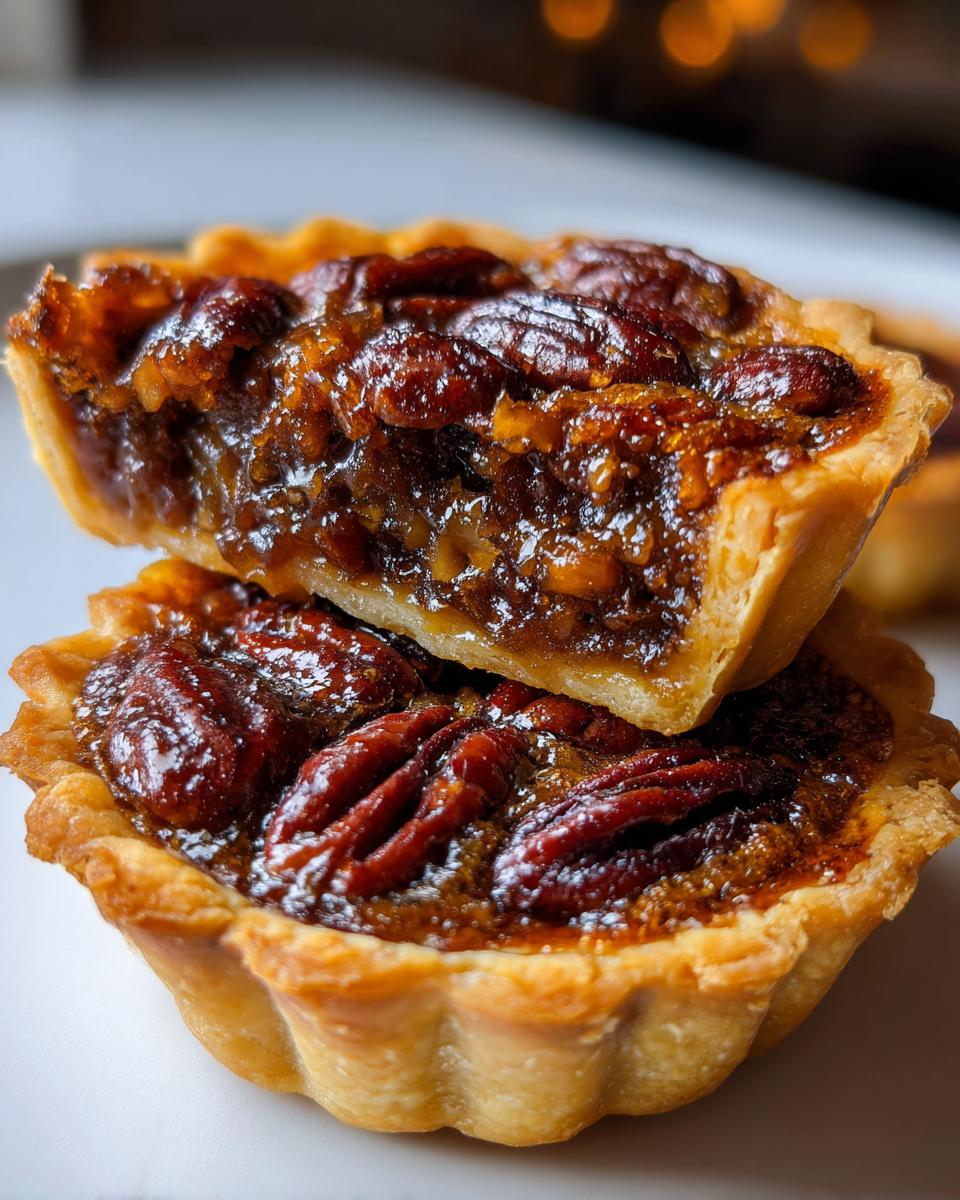 Close-up of two stacked mini pecan pies showing the gooey filling and whole pecans on top.