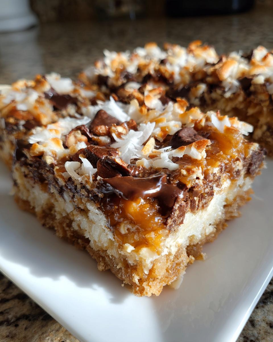 Close-up of a rich slice of magic cookie bars featuring a thick crust, gooey caramel, chocolate chips, and toasted coconut topping.
