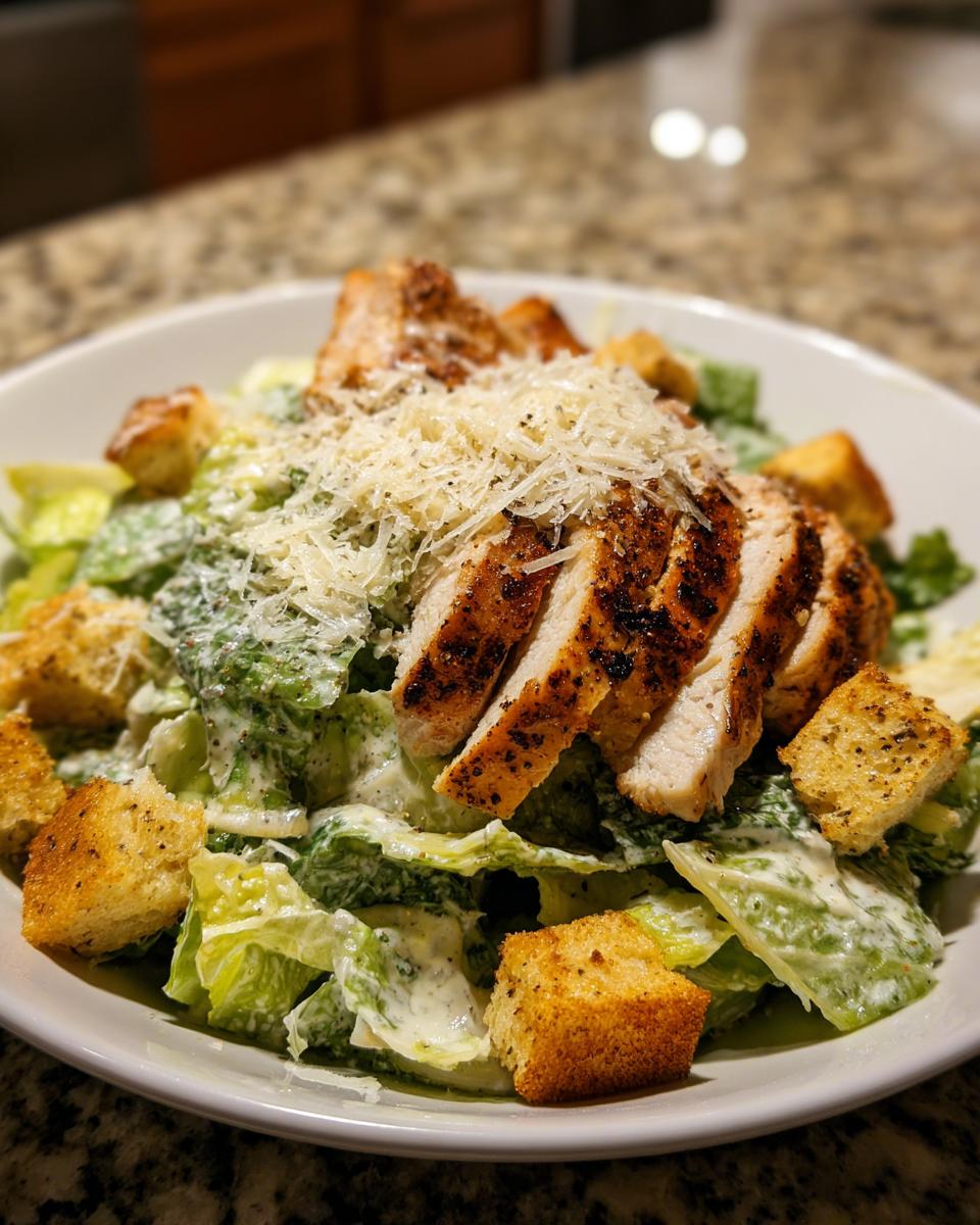 A close-up of a delicious caesar salad topped with sliced grilled chicken, croutons, and grated Parmesan cheese.