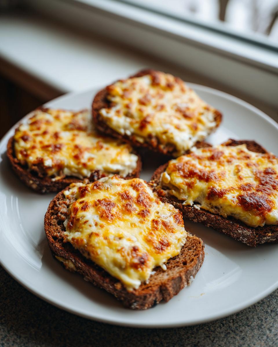 Four pieces of dark bread topped with a creamy, melted, and browned cheese mixture, representing the hanky panky recipe.