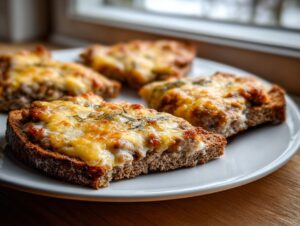 Close-up of slices of hanky panky recipe served on dark bread, topped with melted, browned cheese and herbs.