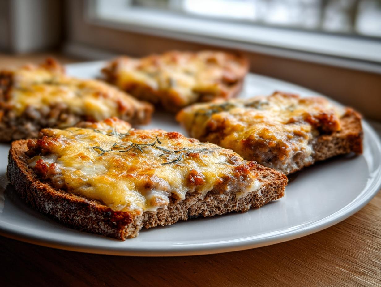 Close-up of slices of hanky panky recipe served on dark bread, topped with melted, browned cheese and herbs.