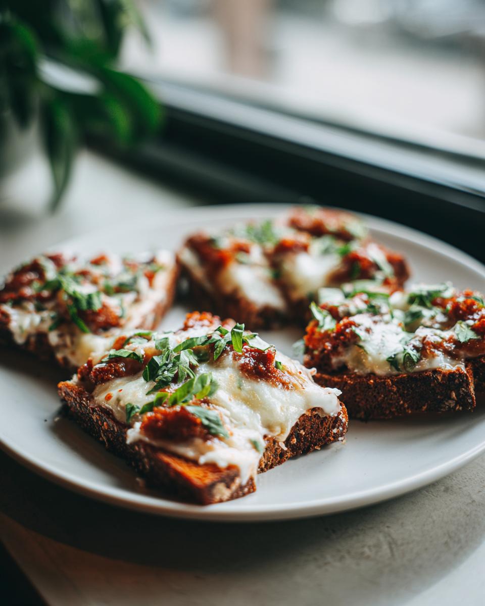 Four pieces of toasted bread topped with melted white cheese, a reddish spread, and fresh green herbs, representing the hanky panky recipe.