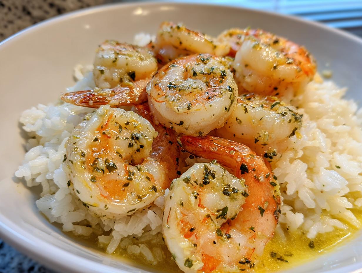 Close-up of juicy Hawaiian garlic shrimp coated in herbs, served over a bed of fluffy white rice.