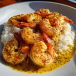 Close-up of juicy Hawaiian garlic shrimp served over white rice, glistening with garlic butter sauce.