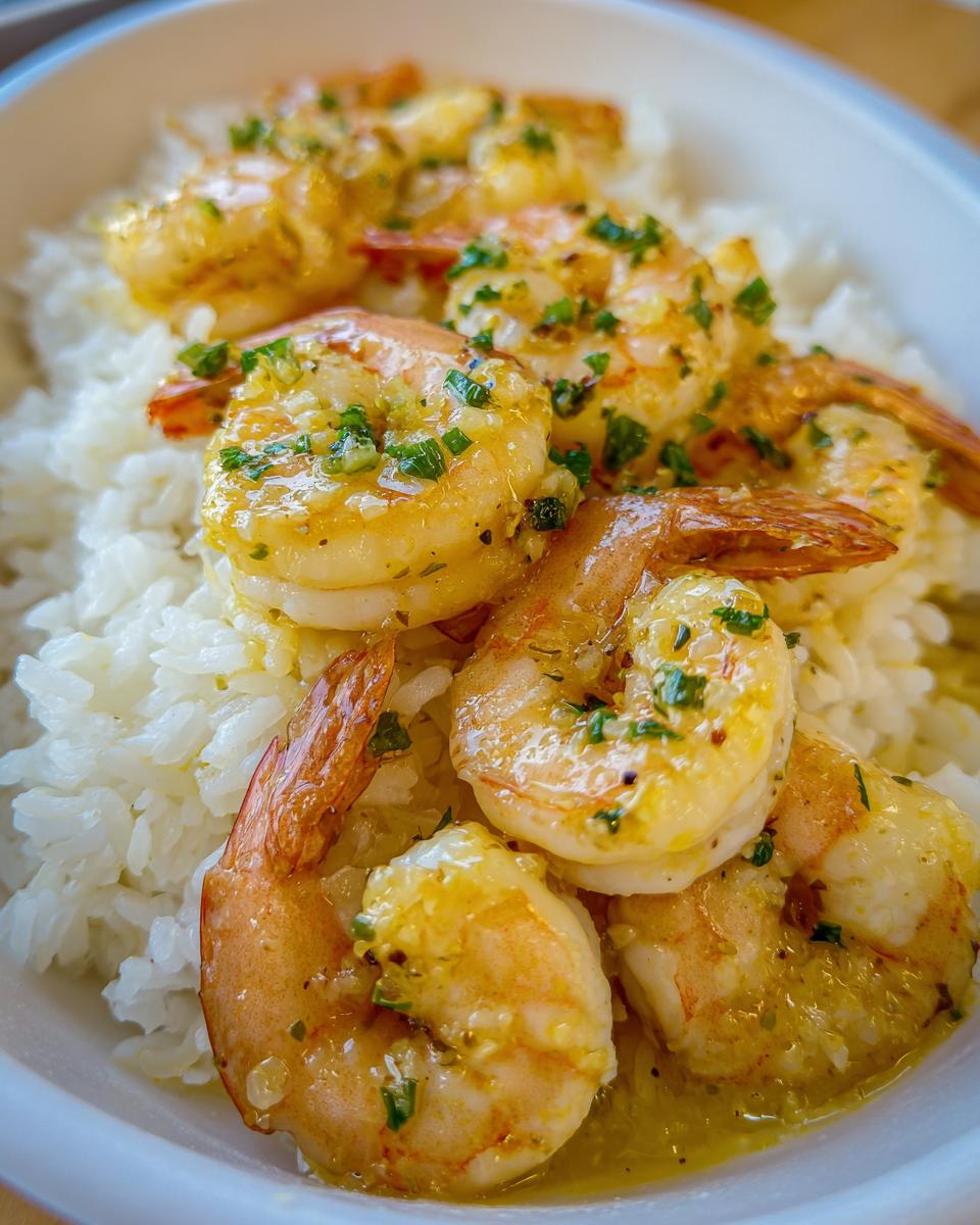 Close-up of succulent Hawaiian garlic shrimp coated in buttery garlic sauce and parsley, served over a bed of fluffy white rice.