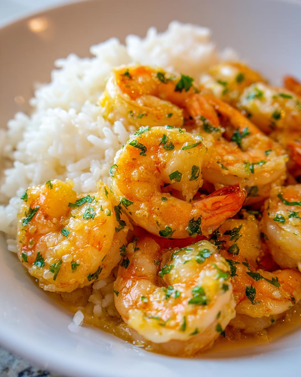 Close-up of plump, glistening Hawaiian garlic shrimp coated in a buttery sauce and sprinkled with parsley, served over white rice.