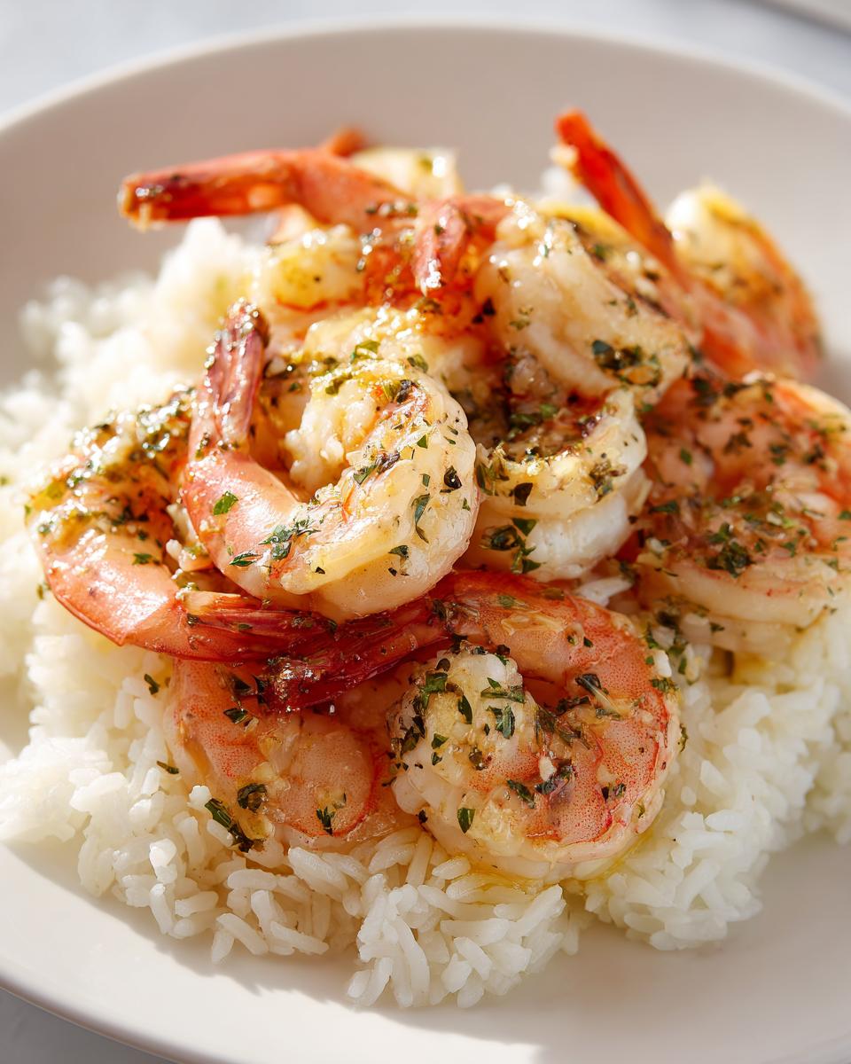Close-up of succulent Hawaiian garlic shrimp served over a bed of fluffy white rice, glistening with garlic butter and herbs.