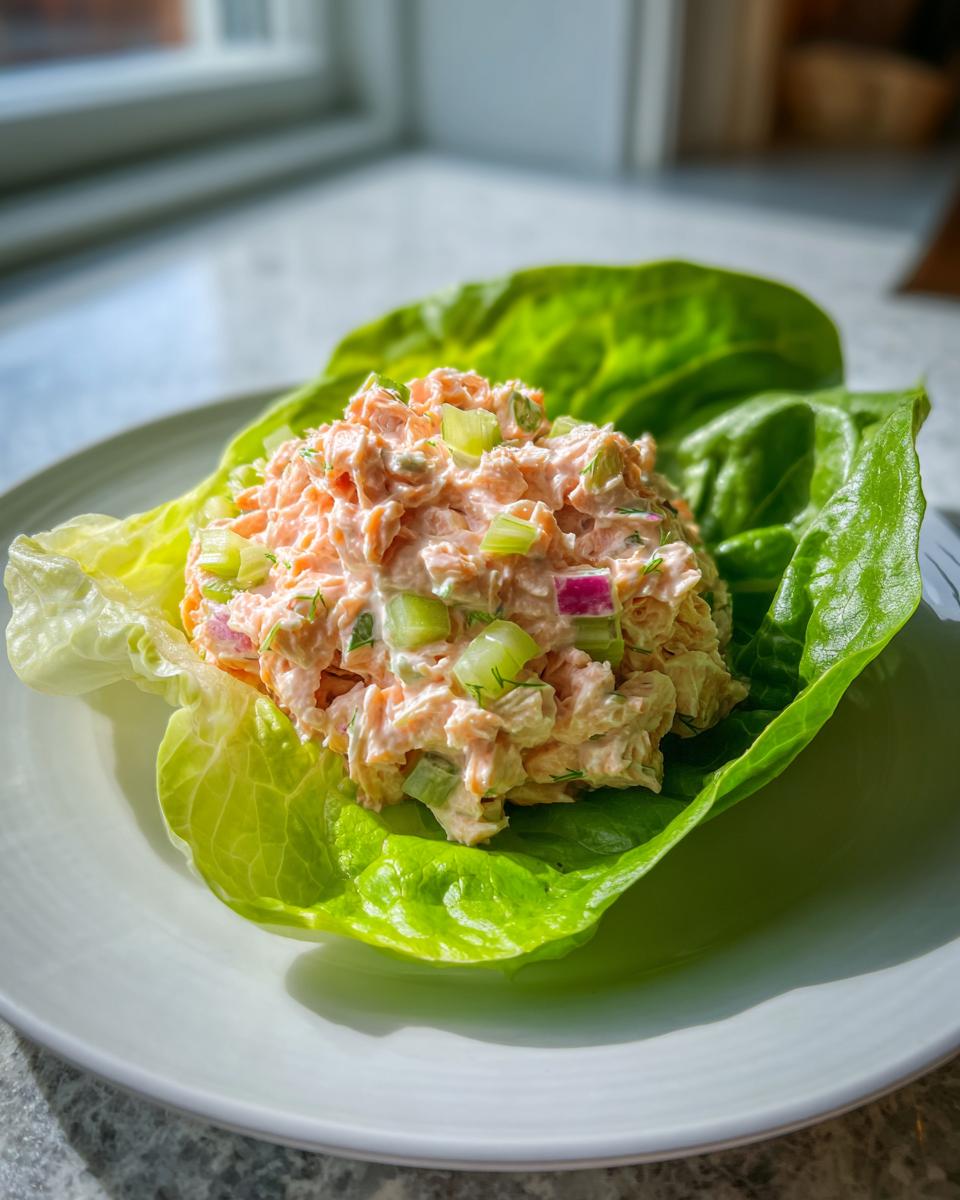 A scoop of creamy salmon salad with celery and red onion served in a vibrant green lettuce cup on a white plate.