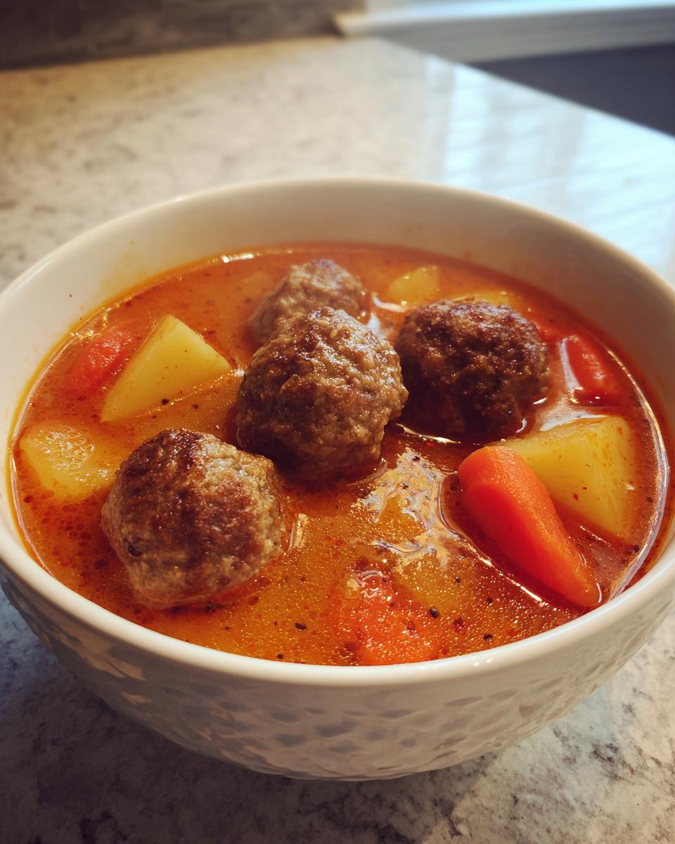 Close-up of a white bowl filled with rich, orange broth albondigas soup featuring meatballs, potato chunks, and carrot pieces.