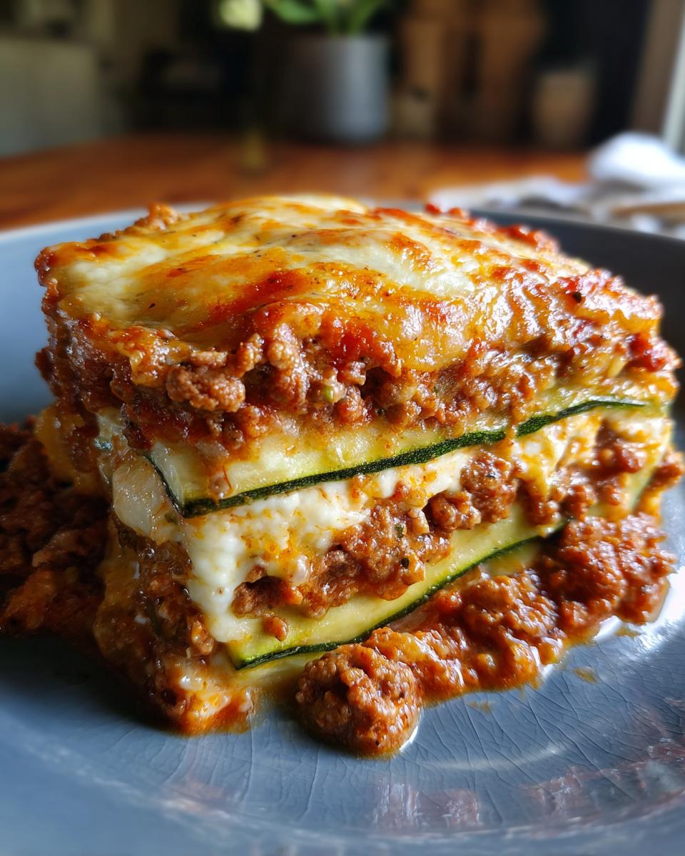 A close-up of a hearty slice of zucchini lasagna, showing layers of zucchini, meat sauce, and melted cheese.