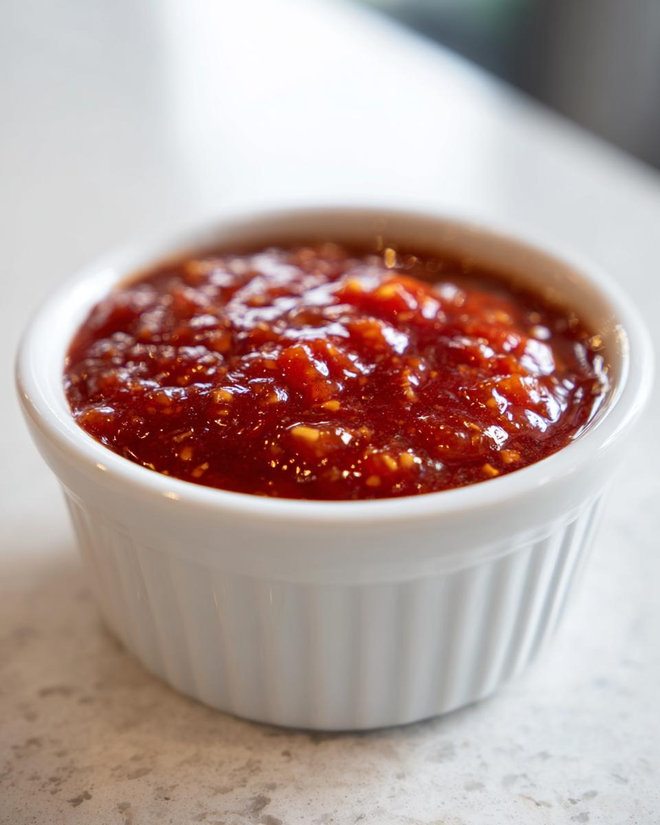 A close-up shot of vibrant, chunky homemade cocktail sauce served in a small white fluted ramekin.