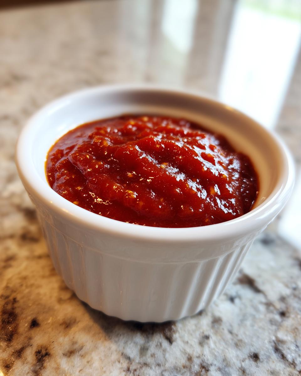 Close-up of thick, vibrant red homemade cocktail sauce served in a small, fluted white ramekin.