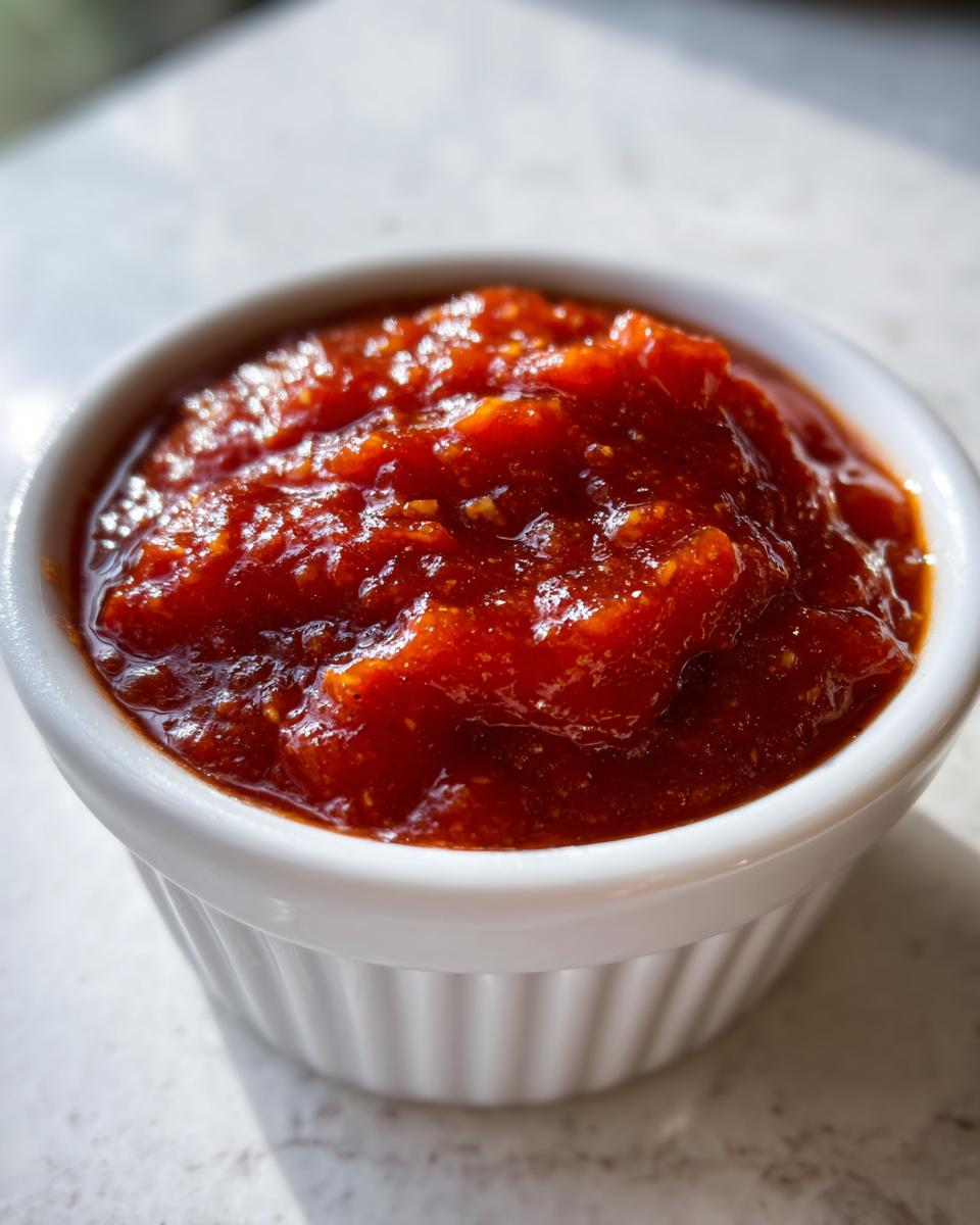 Close-up of thick, vibrant red homemade cocktail sauce served in a small white fluted ramekin.