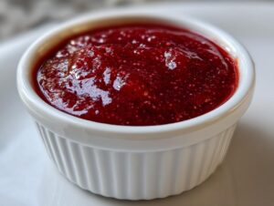 A close-up of vibrant red, slightly chunky homemade cocktail sauce served in a small white fluted ramekin.