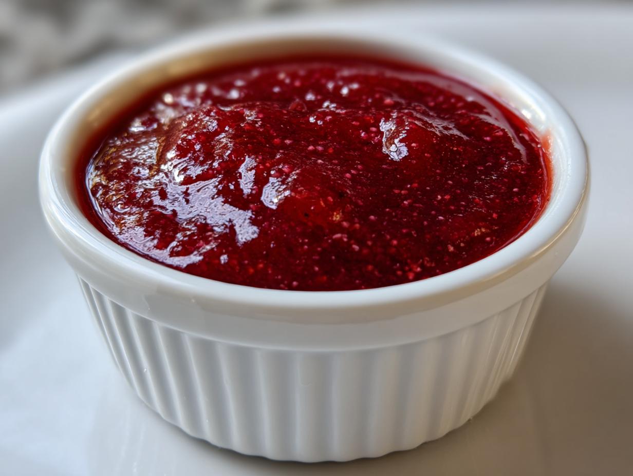 A close-up of vibrant red, slightly chunky homemade cocktail sauce served in a small white fluted ramekin.