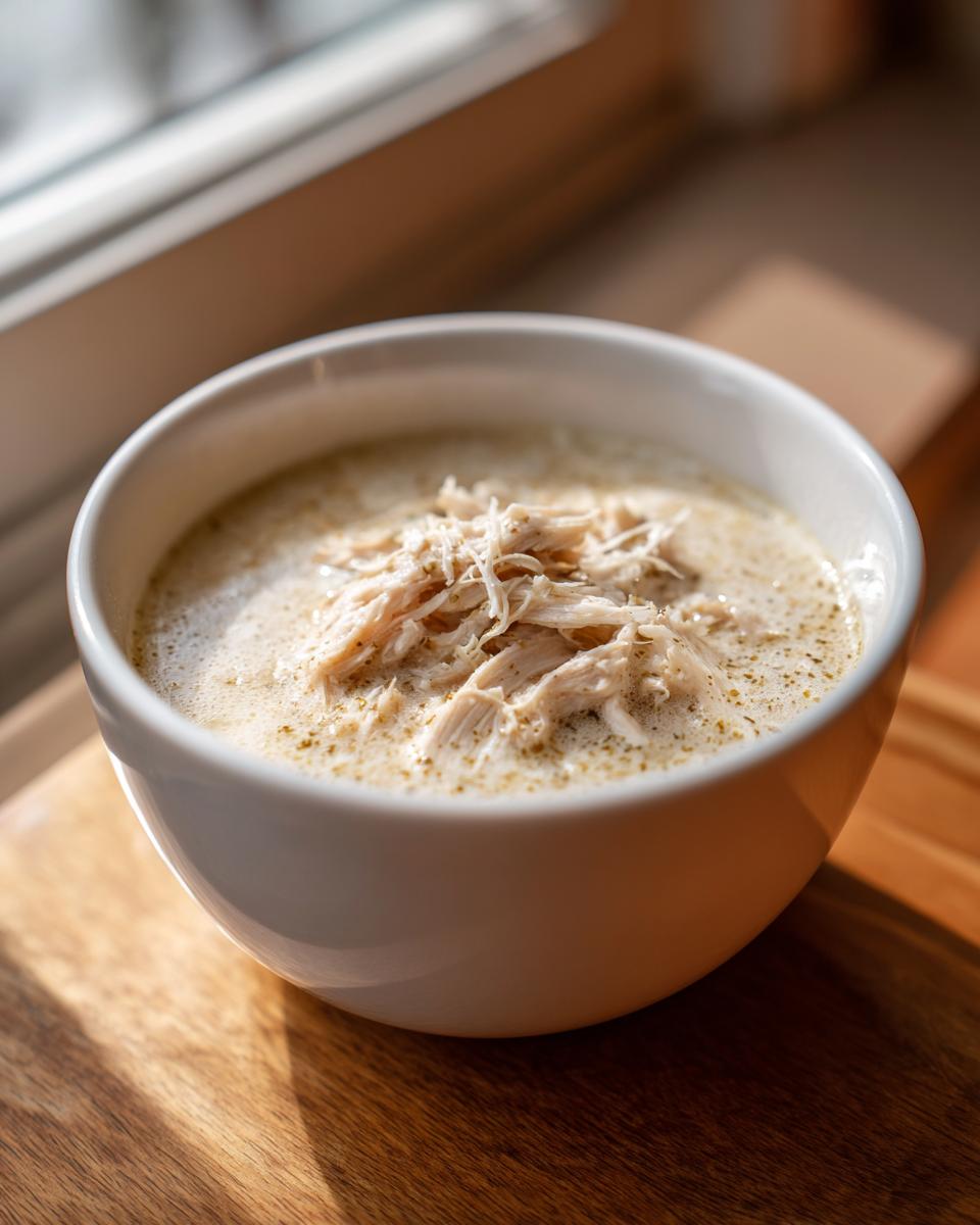 Close-up of a white bowl filled with creamy homemade cream of chicken soup, topped with shredded chicken.