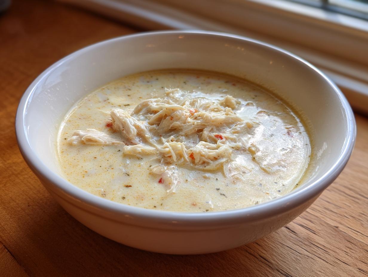 A white bowl filled with rich, creamy homemade cream of chicken soup topped with shredded chicken.