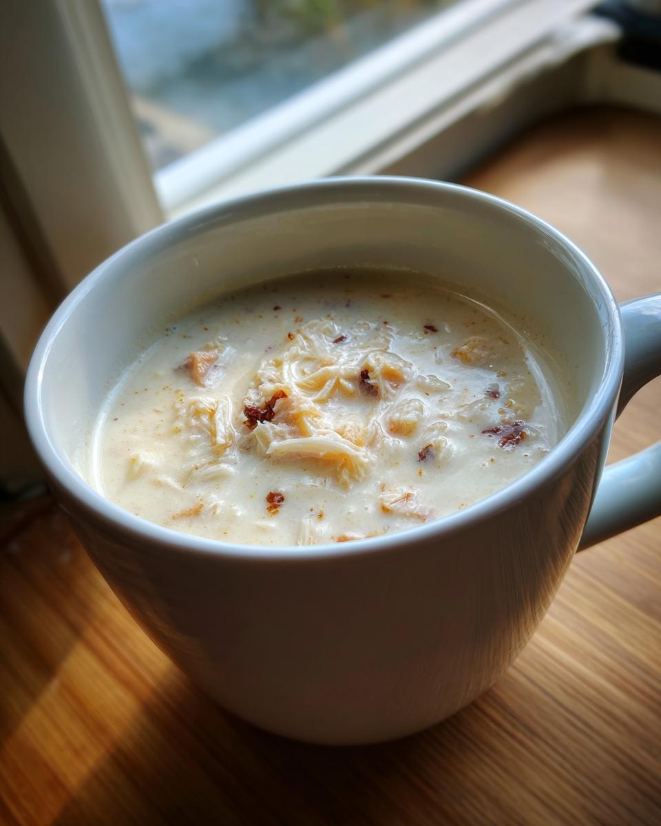 Close-up of rich homemade cream of chicken soup served in a white mug on a wooden surface.