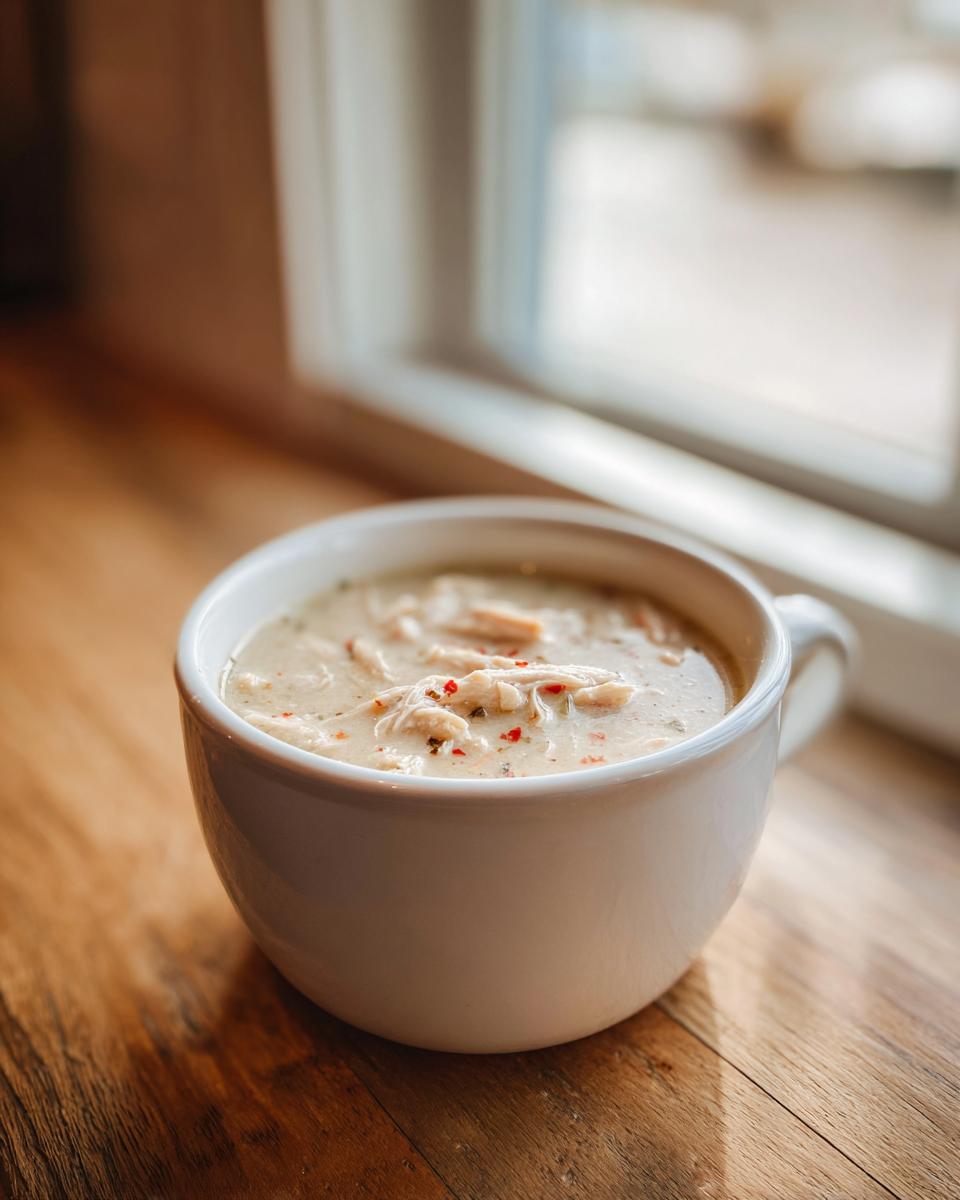 A white mug filled with rich homemade cream of chicken soup, resting on a wooden surface near a window.