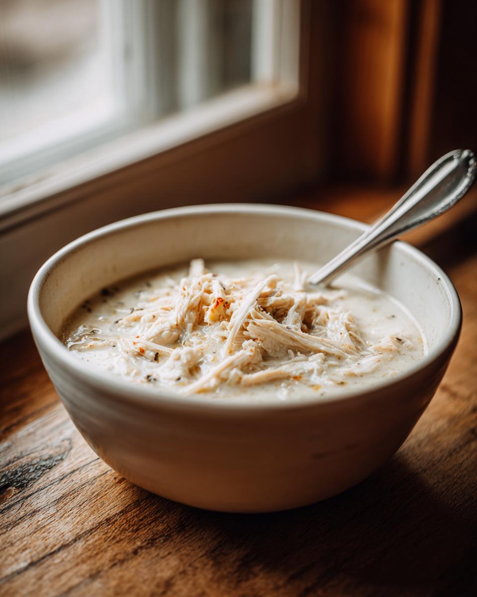 A close-up of a white bowl filled with creamy homemade cream of chicken soup topped generously with shredded chicken.