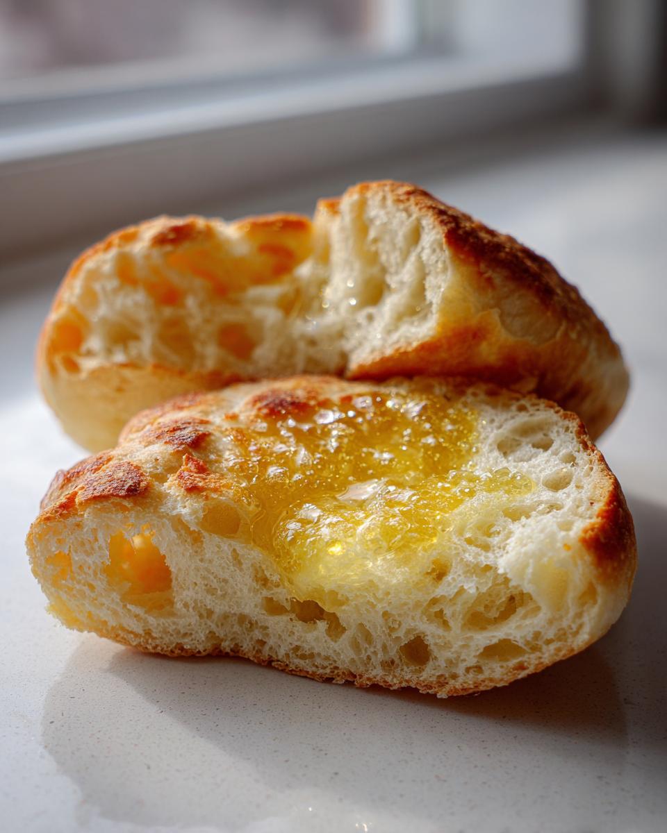 Close-up of a homemade english muffin cut in half, one side generously topped with melted butter or honey.