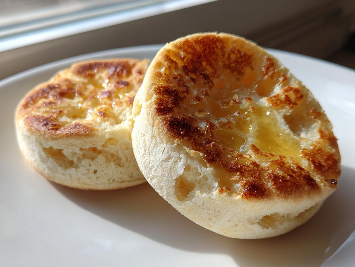 Two toasted halves of a homemade english muffin, glistening with melted butter or honey, sitting on a white plate.