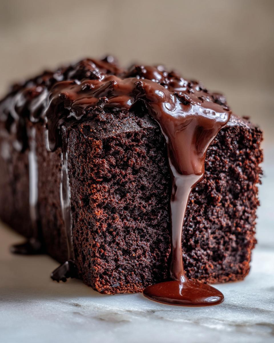Close-up of a slice of rich, dark chocolate hot fudge brownie bread with thick fudge sauce dripping down the side.