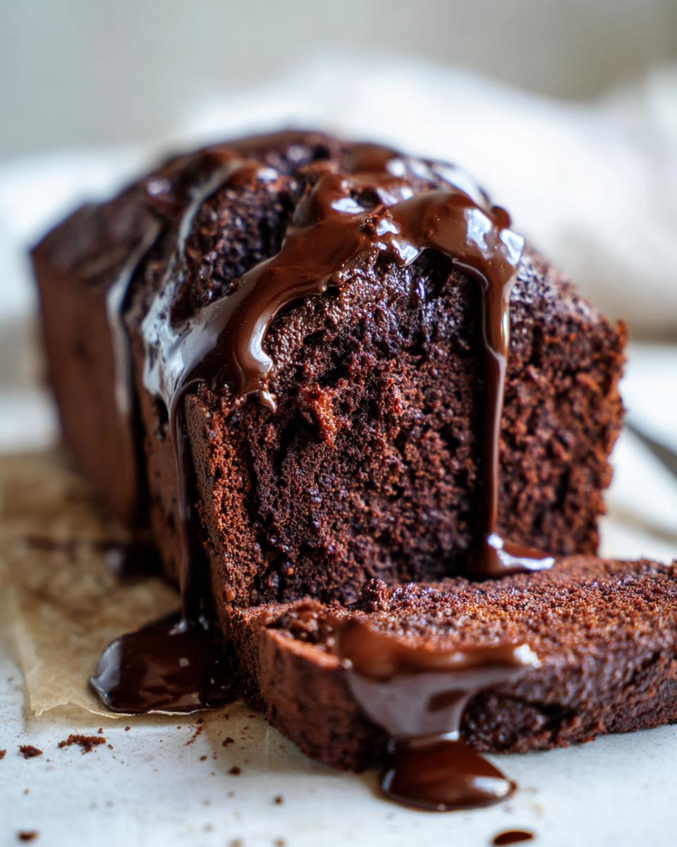 Close-up of a moist hot fudge brownie bread loaf with a thick, glossy chocolate fudge sauce drizzled over the top and a slice cut.