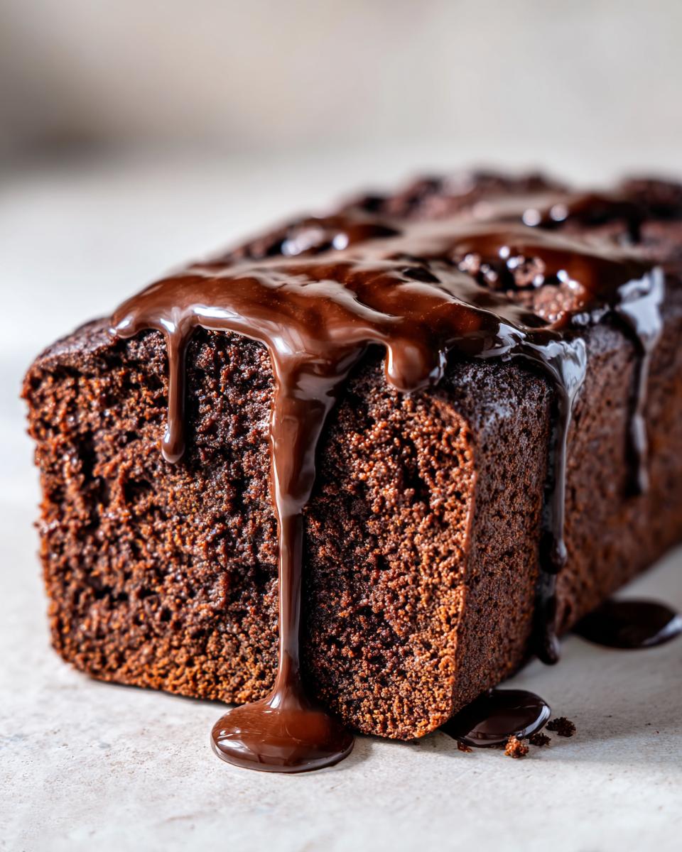Close-up of a rich, dark chocolate hot fudge brownie bread loaf covered in thick, glossy hot fudge sauce dripping down the sides.