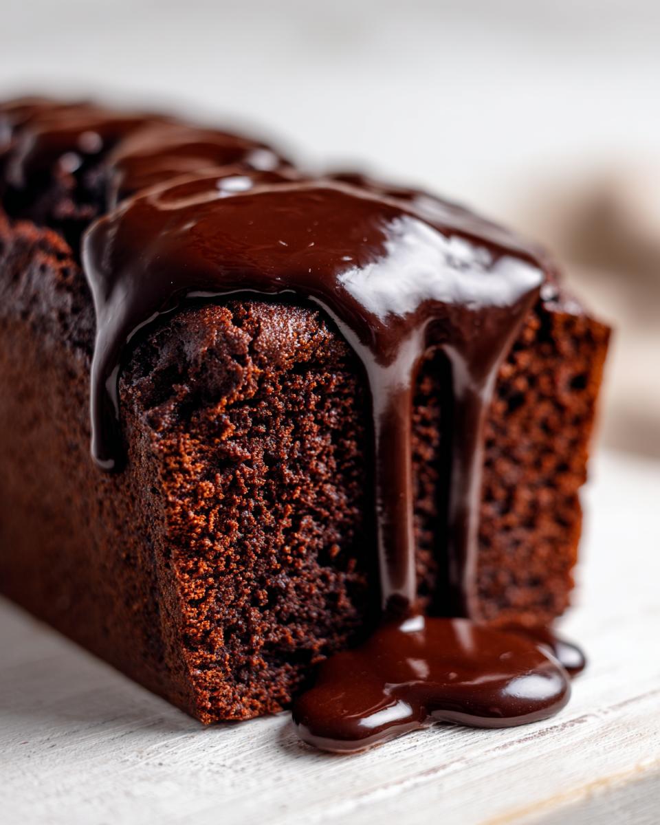 Close-up of a moist loaf of hot fudge brownie bread generously topped with thick, glossy chocolate fudge sauce dripping down the sides.
