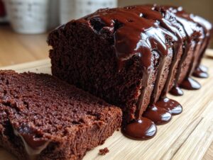 Close-up of a loaf of moist hot fudge brownie bread topped with thick, dripping chocolate fudge sauce.