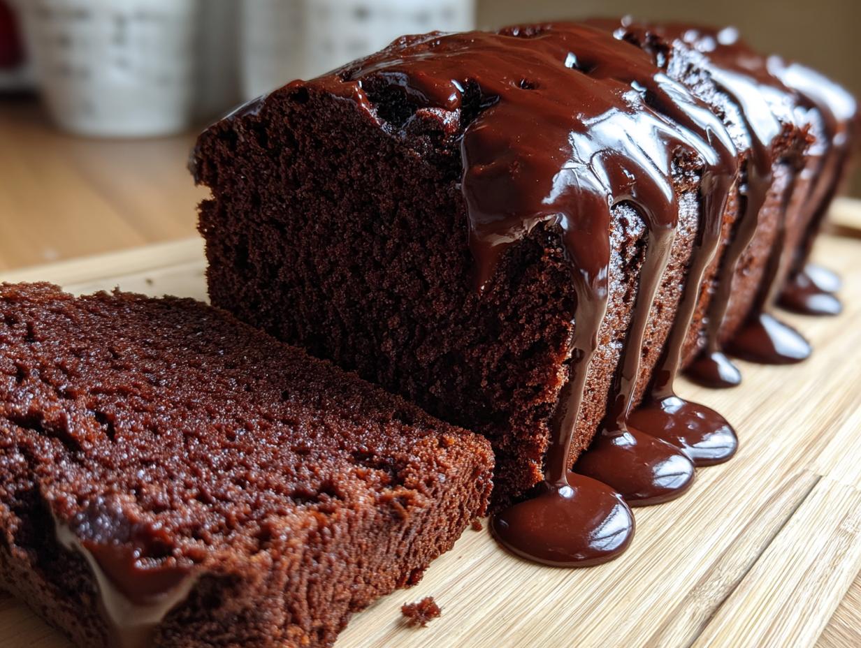 Close-up of a loaf of moist hot fudge brownie bread topped with thick, dripping chocolate fudge sauce.