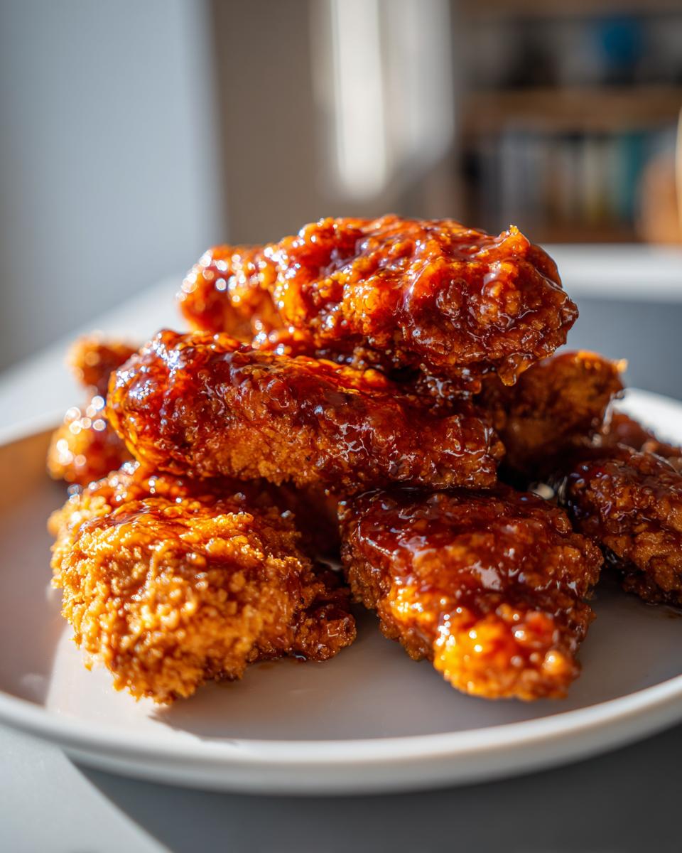Close-up of crispy, glazed hot honey chicken tenders piled high on a light grey plate.
