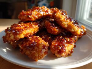 A close-up stack of crispy hot honey chicken tenders coated in a shiny, dark glaze and sprinkled with sesame seeds.