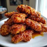 A tempting mound of crispy, glazed hot honey chicken tenders piled high on a white plate.