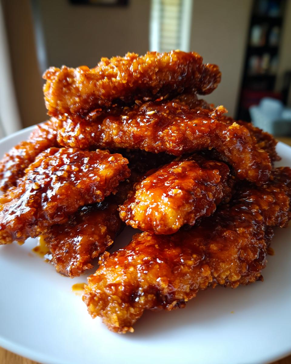 A close-up stack of crispy, glazed hot honey chicken tenders piled high on a white plate.