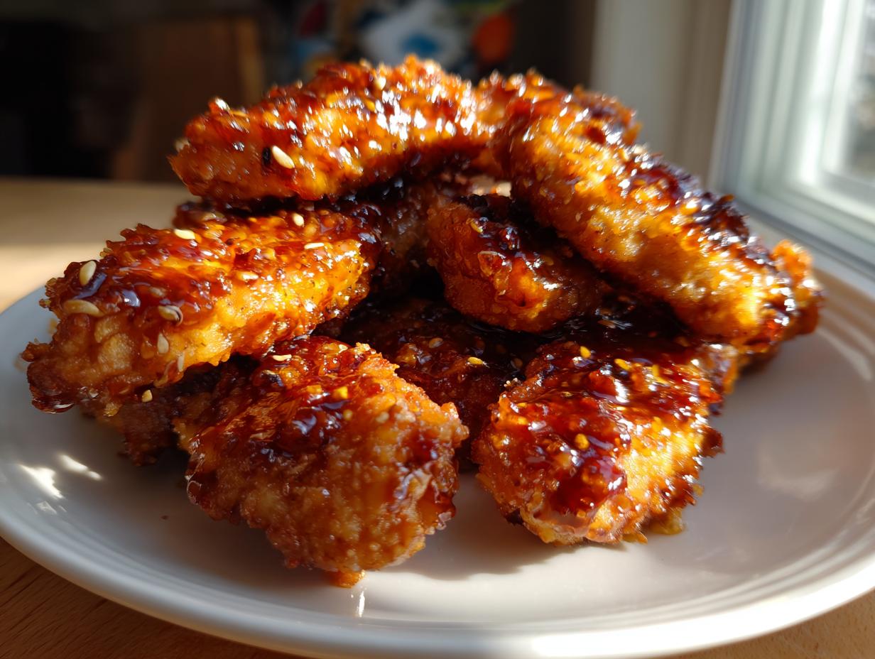 A close-up stack of crispy hot honey chicken tenders coated in a shiny, dark glaze and sprinkled with sesame seeds.