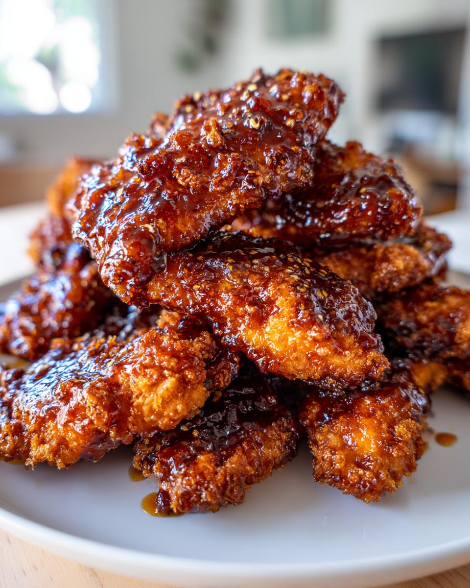 A close-up stack of crispy, glazed hot honey chicken tenders piled high on a white plate.