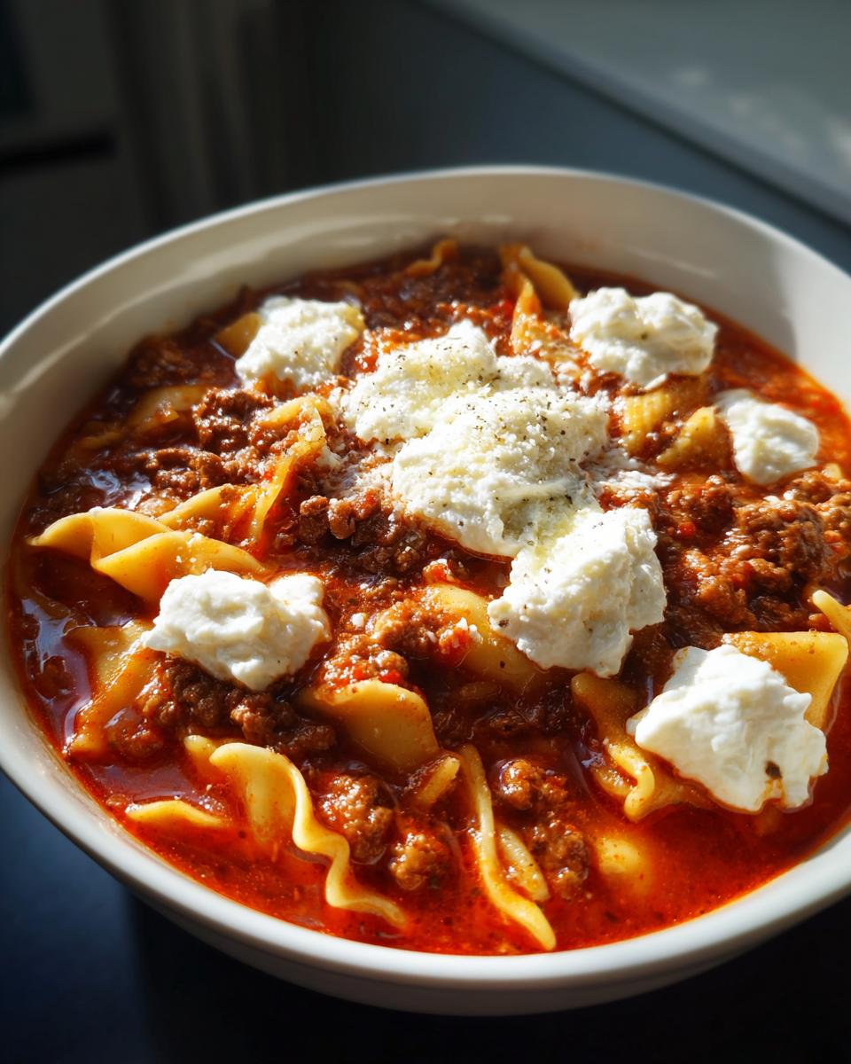 A close-up bowl of rich Instant Pot Lasagna Soup featuring meat sauce, broken lasagna noodles, and dollops of ricotta cheese.