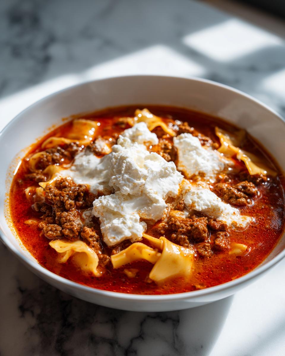 A close-up of a bowl of rich, red Instant Pot Lasagna Soup topped generously with dollops of white ricotta cheese.