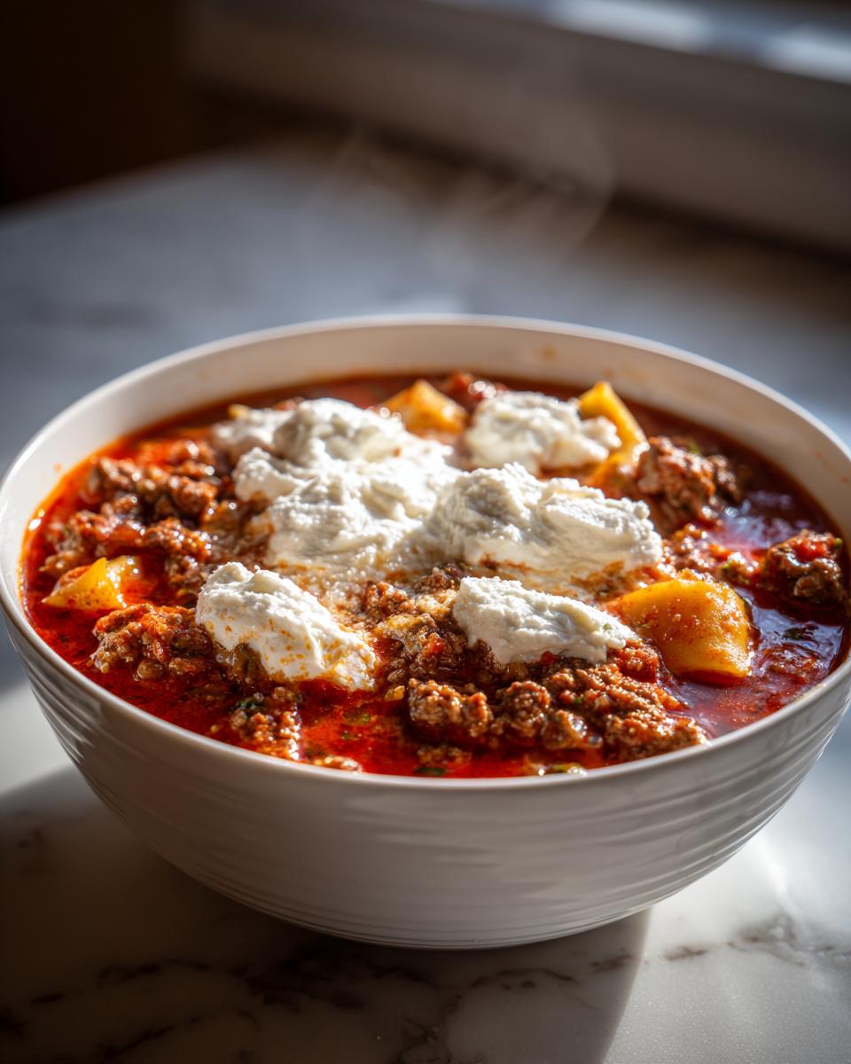 A close-up of a steaming white bowl filled with rich, red Instant Pot Lasagna Soup topped with dollops of white ricotta cheese.