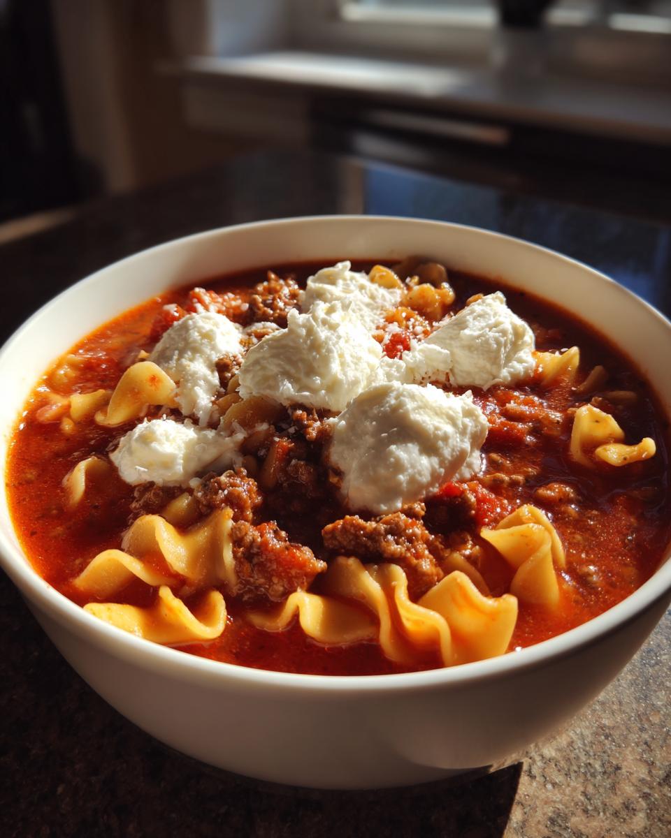 A close-up of a white bowl filled with rich, red instant pot lasagna soup, topped with dollops of ricotta cheese and ground meat.