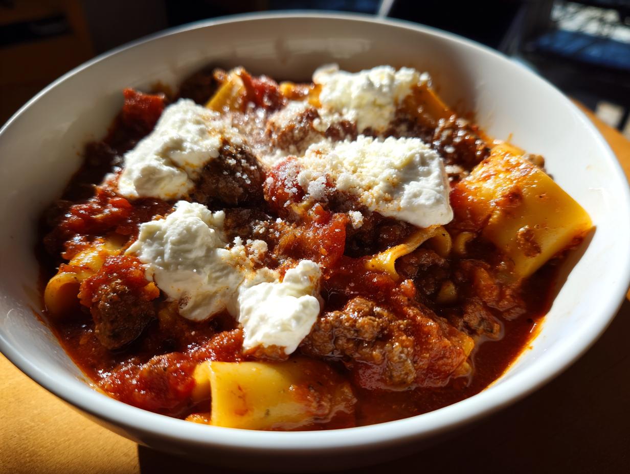 A close-up of a bowl of rich instant pot lasagna soup topped with dollops of white ricotta cheese and grated parmesan.
